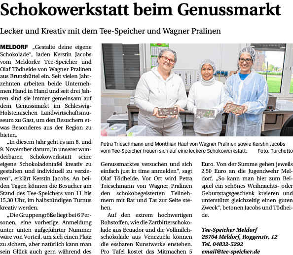 Presse-Artikel Schokowerkstatt beim Genussmarkt 2025